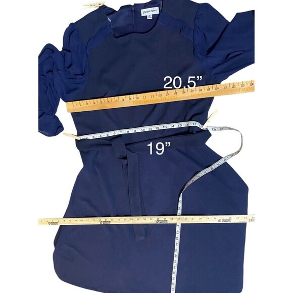 Shelby & Palmer Dress 16 Womens Midi Navy Long Sheer Sleeves Belted Ruffle - Picture 4 of 15